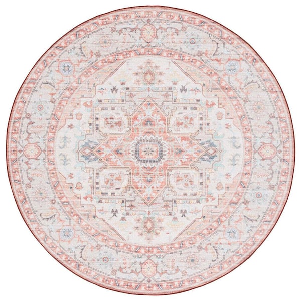 SAFAVIEH Arizona Light Rust/Beige 6 ft. x 6 ft. Distressed Border Ornate Machine Washable Round Area Rug