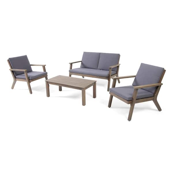 Cecilia Gray Finish 4-Piece Wood Outdoor Patio Conversation Set with Dark Gray Cushions