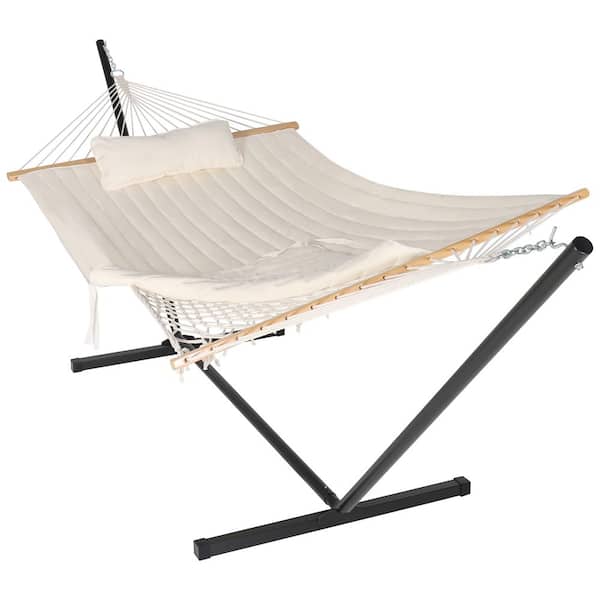 12 ft. Hammock with Stand for Outdoor, 2-Person Hammock Bed with Detachable Pillow, Beige
