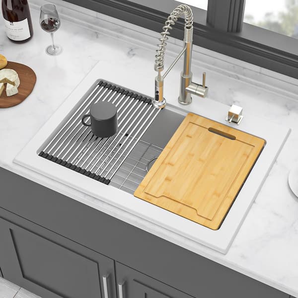 Staykiwi 30 in. Drop-In Single Bowl White Quartz Kitchen Sink with Workstation