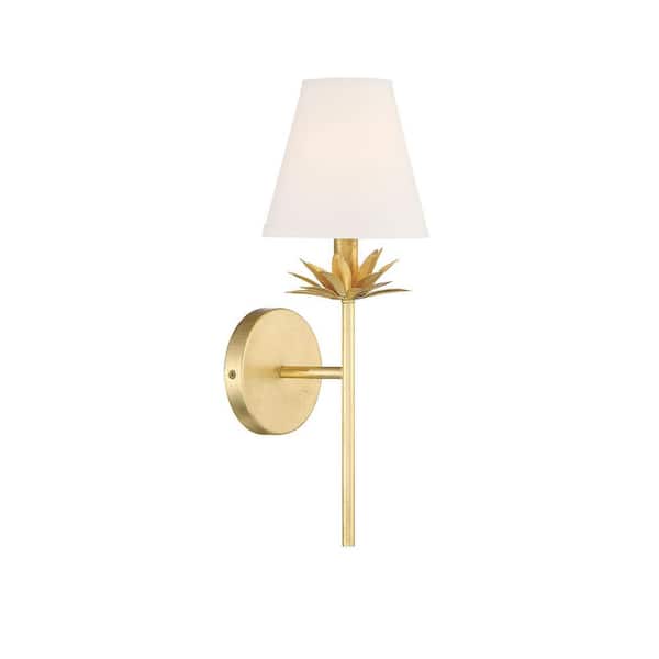 Savoy House 6 in. W x 17 in. H 1-Light True Gold Wall Sconce with White Linen Shade