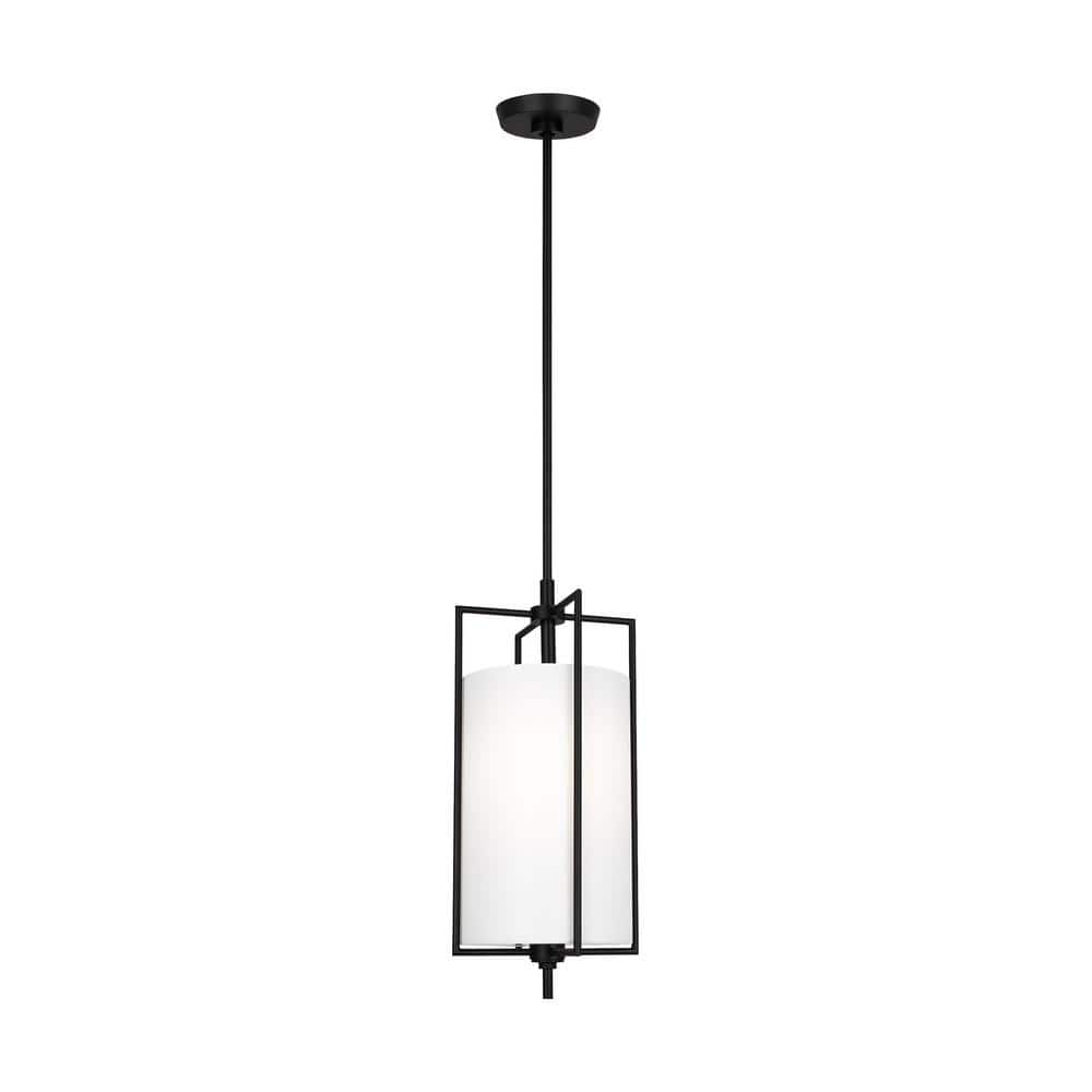 Perno 9.5 in. W x 21.25 in. H 1-Light Aged Iron Small Hanging Shade Pendant Light with Glass Diffuser and Fabric Shade price history on PriceWatchPro