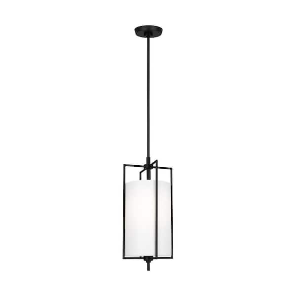 Perno 9.5 in. W x 21.25 in. H 1-Light Aged Iron Small Hanging Shade Pendant Light with Glass Diffuser and Fabric Shade