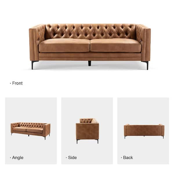Eridu Contemporary 84 in. Square Arm Faux Leather Button-Tufted design Tuxedo Rectangle Sofa in Camel