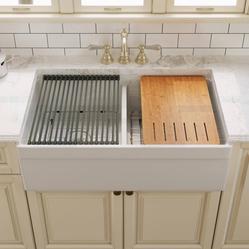 33" White Fireclay Double Bowl Farmhouse Kitchen Sink with Accessories
