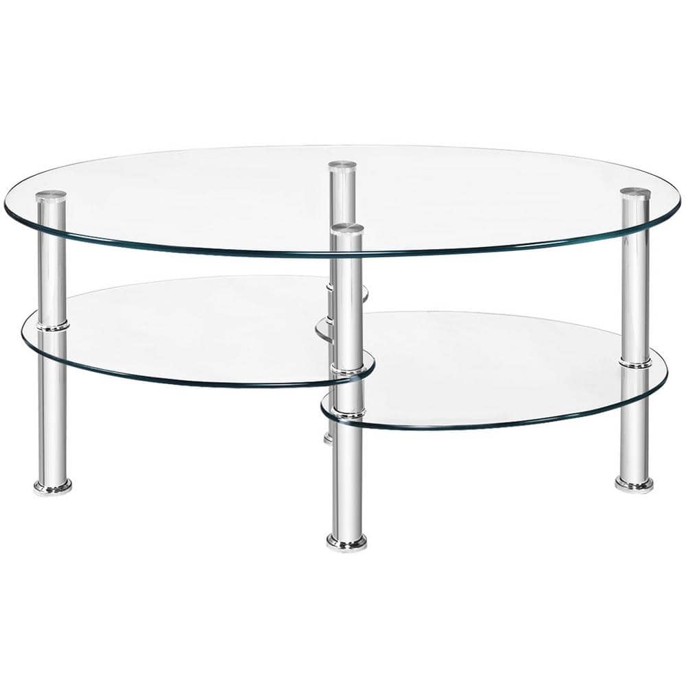 Transparent Oval Tempered Glass Coffee Table with Metal Legs