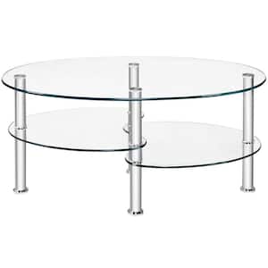 35 in. D* 20 in. W * 18 in. H Oval Tempered glass Coffee Table with Shelves, Transparent