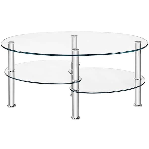 ANGELES HOME 35 in. D* 20 in. W * 18 in. H Oval Tempered glass Coffee Table with Shelves, Transparent