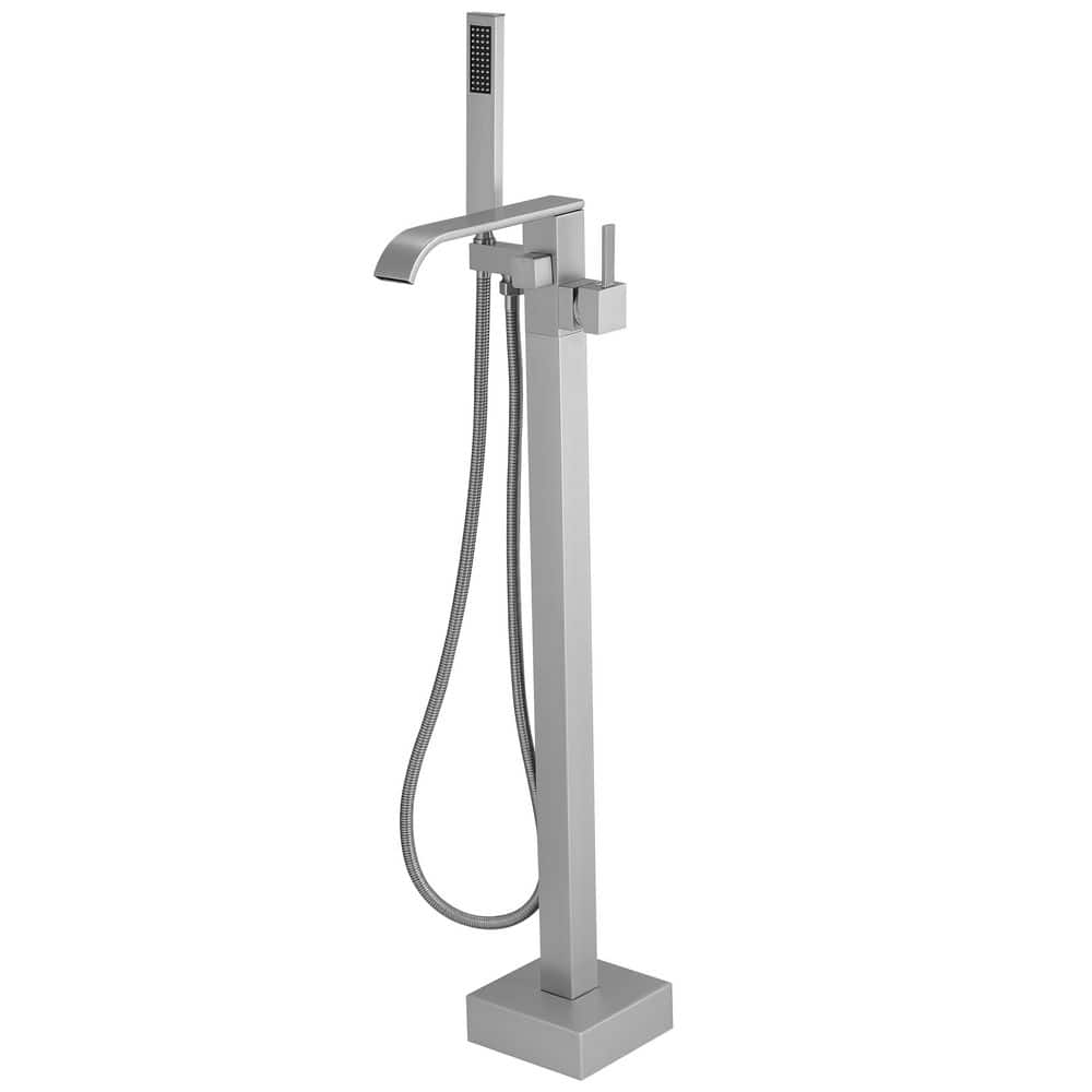 Single-Handle Floor Mount Freestanding Bathtub Faucet Waterfall Tub Filler with Handheld Shower in Brushed Nickel