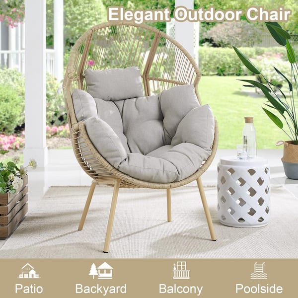 35 in. W Oversized Yellow Wicker Egg Chair Patio Egg Lounge Chair with Beige Cushions