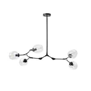 5-Light Clear Modern Linear Chandelier with Black Adjustable Arms and Glass Shades