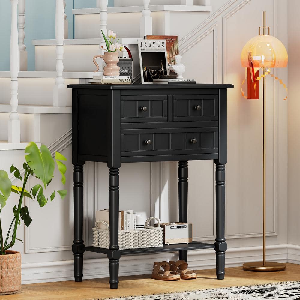23.7 in. Black Rectangle Wood Console Table with Tapered Legs, Bottom Shelf and 3-Drawers price history on PriceWatchPro