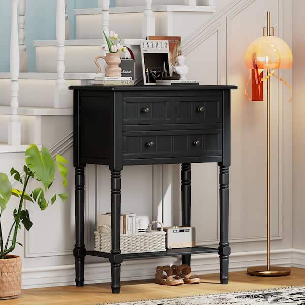 23.7 in. Black Rectangle Wood Console Table with Tapered Legs, Bottom Shelf and 3-Drawers