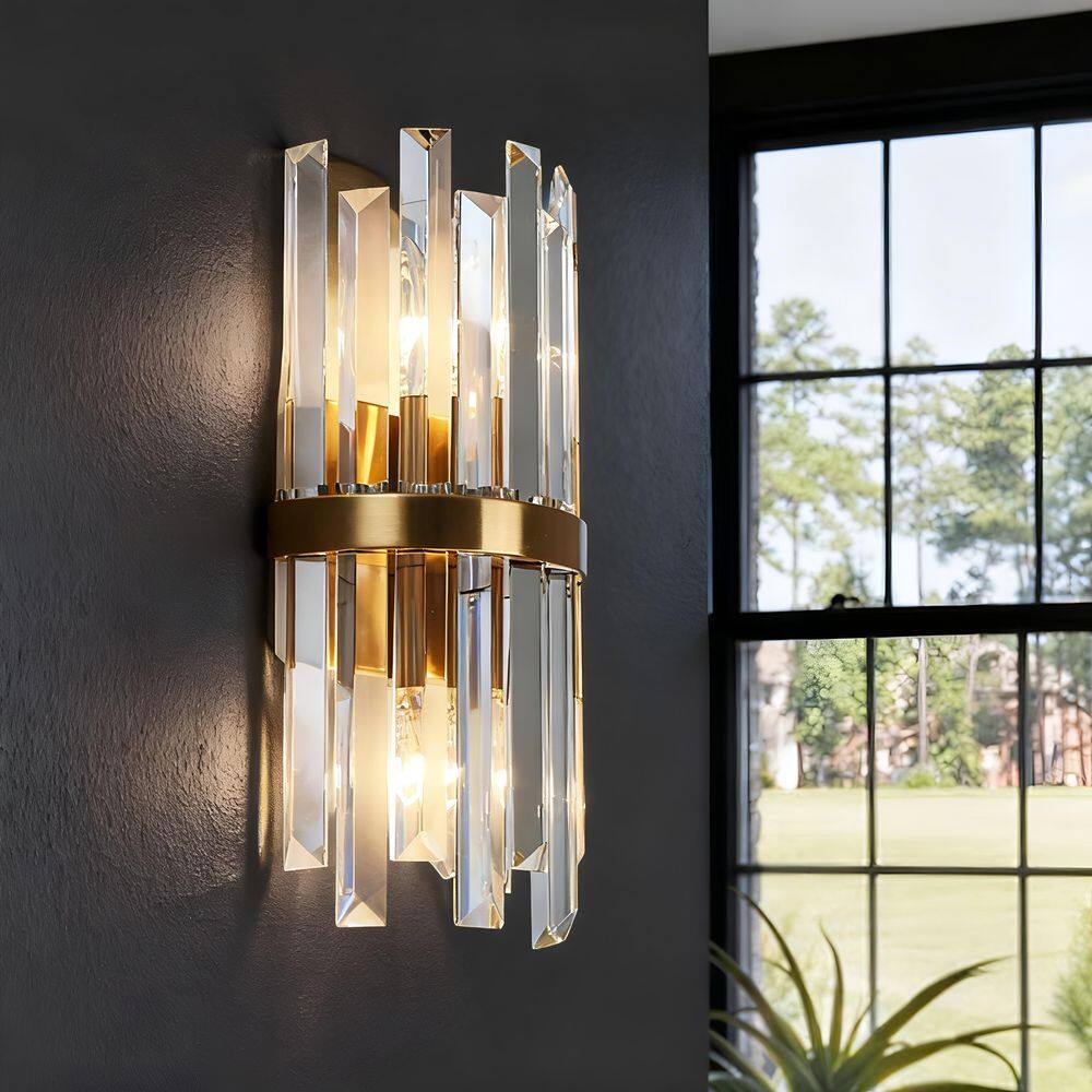 Modern 6 in. 2-Light Plated Brass Crystal Wall Sconce for Hallway Living Room, Glam Damp-Rated Bathroom Vanity Light price history on PriceWatchPro