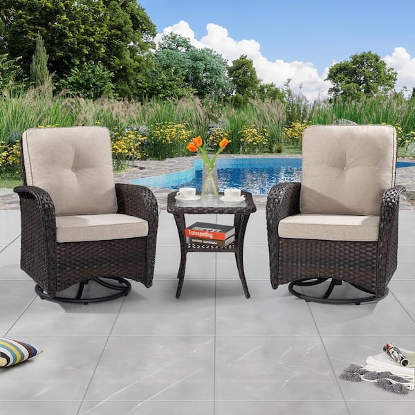 JOYSIDE 3-Pcs Dark Brown Wicker Outdoor Rocking Chair Patio Conversation Set Swivel Chairs with Beige Cushions and Table