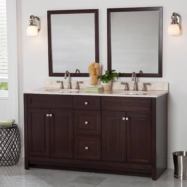 Home Decorators Collection Brinkhill 61 in. W x 22 in. D Bathroom Vanity in Chocolate with Stone Effect Vanity Top in Dune with White Sink