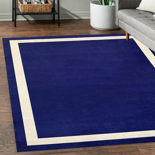 Everest Navy Creme 10 ft. x 14 ft. Machine Washable Geometric Modern Border Polyester Non-Slip Backing Area Rug