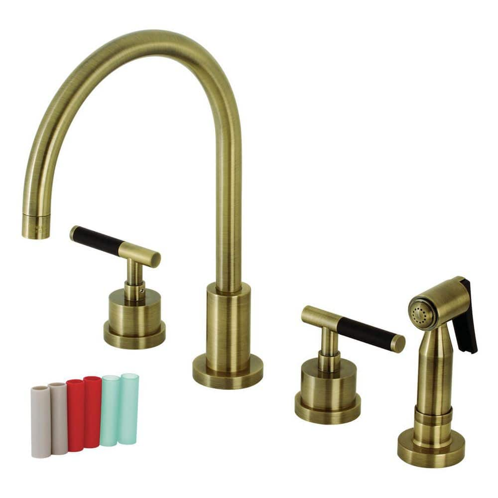 Kaiser 2-Handle Deck Mount Widespread Kitchen Faucets with Brass Sprayer in Antique Brass -  Kingston Brass, HKS8723CKLBS