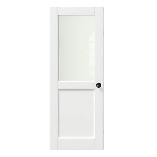 TENONER 30 in. x 80 in. MDF Wood, Primed, White, 1/2 Lite, Frosted Glass Interior Door Slab With Black Goal Doorknob