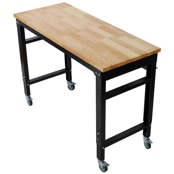 48 in. Wide Metal Adjustable Rolling Workbench with Rubber Wood Top and Black Hammertone Leg for Garage