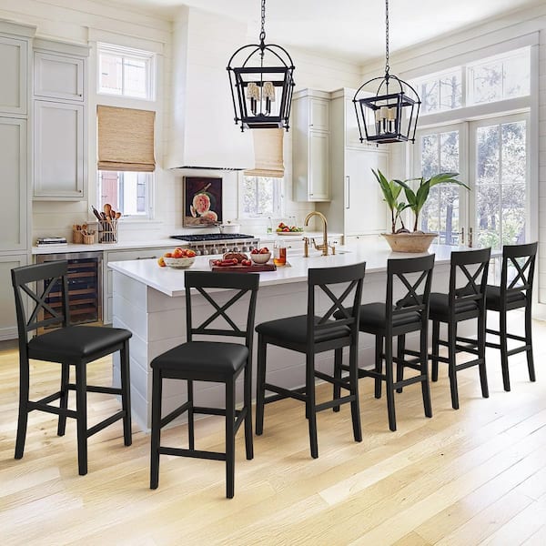 26 in. Black Upholstered Barstool X-Shaped Backrest Solid Wood Counter Height Bar Stool (Set of 6)