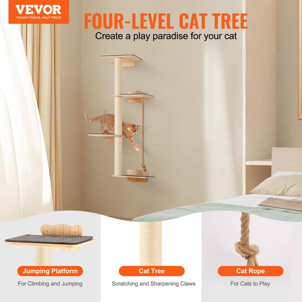 Natural Pine Wood Multi-Level Cat Wall Shelf Set