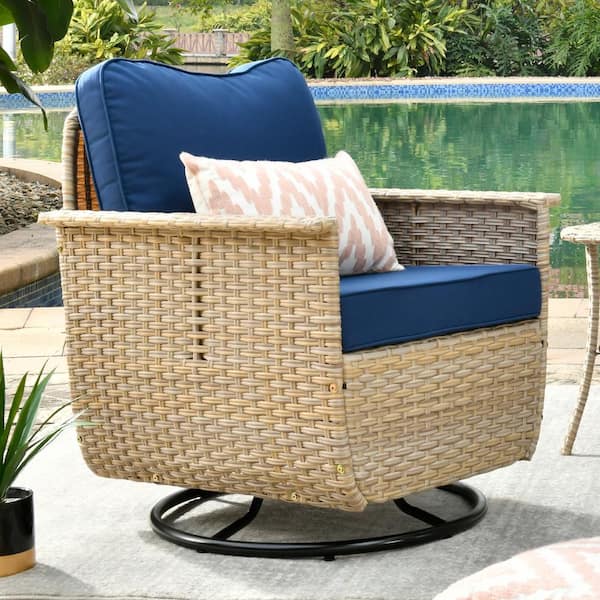 XIZZI Paradise Cove Biege Wicker Outdoor Rocking Chair with Navy Blue Cushions