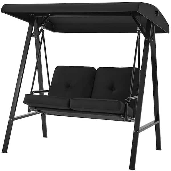 AECOJOY 2-Person Metal Patio Swing with Canopy and Cushions in Black