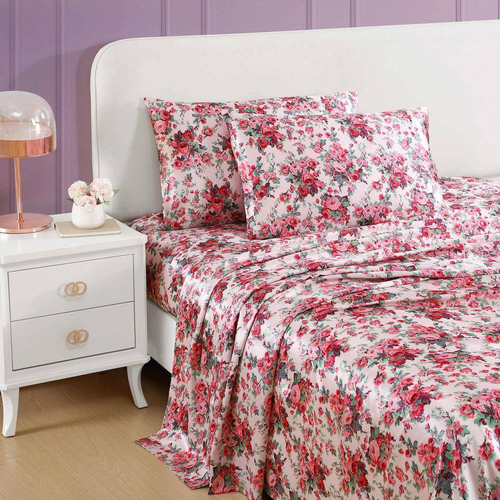 Twin Pink Satin Vintage Floral Sheet Set