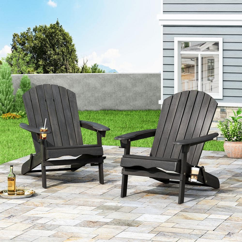 Noble House Lissette Dark Gray Foldable Wood Outdoor Patio Adirondack Chair (2-Pack)