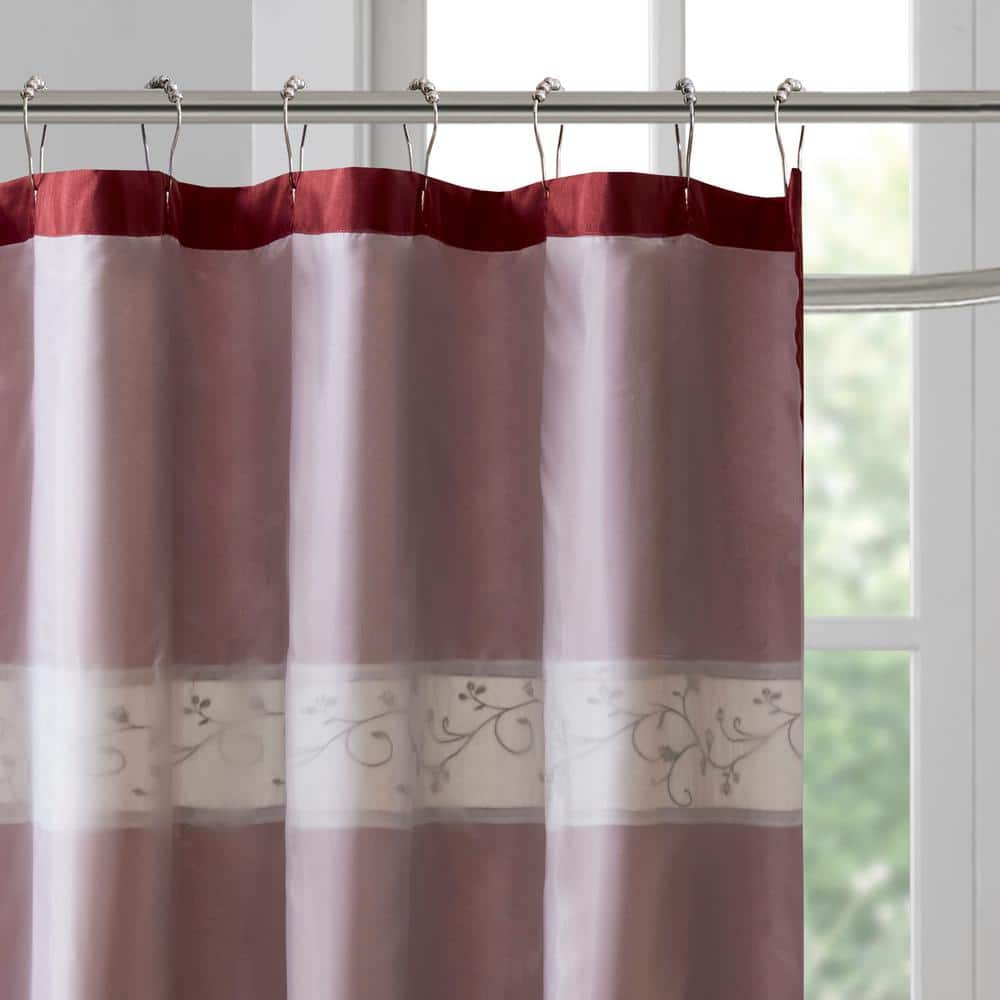Red and Beige Faux Silk Embroidered Floral Shower Curtain