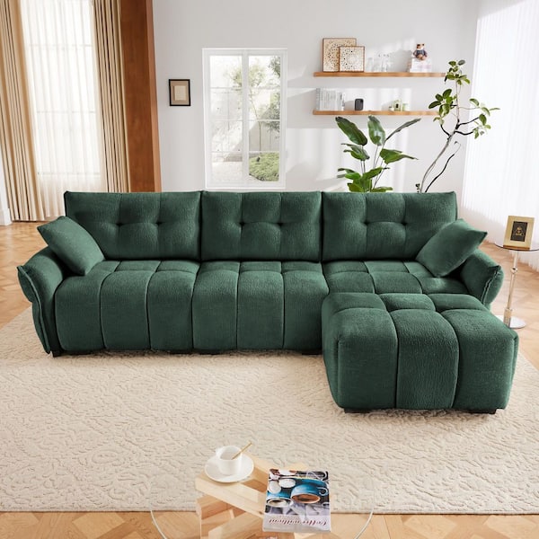 Tina 110.2 in. Flared Arm Chenille Upholstered Rectangle Sectional Sofa in. Green with Ottoman, Throw Pillows