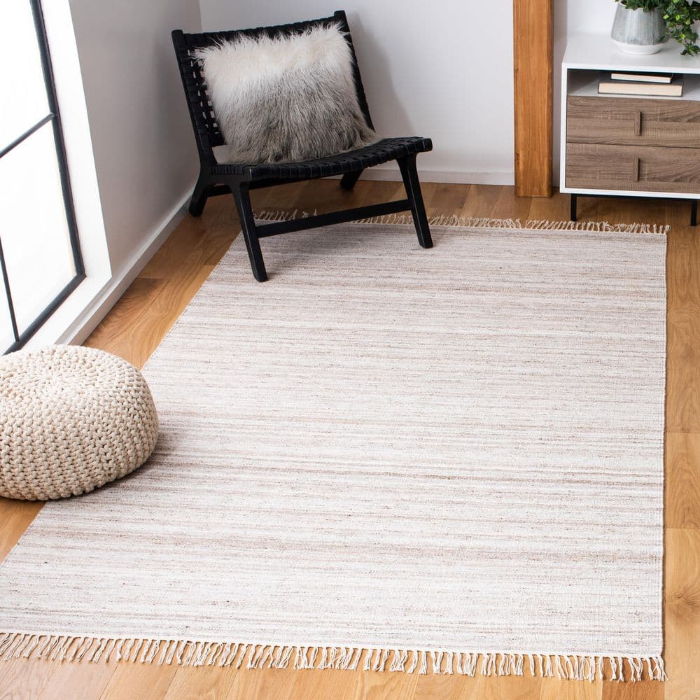 Ivory and Brown 7' Square Handmade Wool Kilim Area Rug