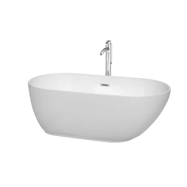 Wyndham Collection Melissa 60 in. Acrylic Flatbottom Center Drain Soaking Tub in White with Polished Chrome Floor Mounted Faucet
