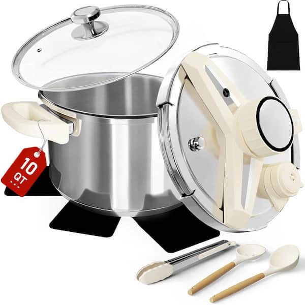 8 qt. Stainless Steel Pressure Cooker Set 10 pcs Silver Heavy-Duty Multiple Safety Features Induction Compatible