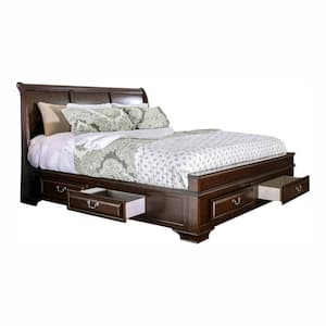 Liam Brown Wood Frame Queen Platform Bed with Footboard Drawers
