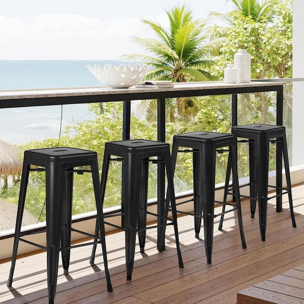 Black Stackable Metal Outdoor Bar Stool (4-Pack) L07WWTKBJW - The