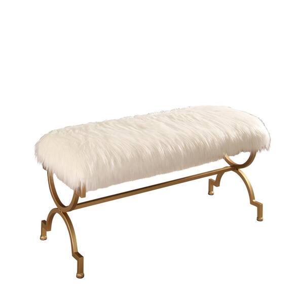 DEVON & CLAIRE Sierra White Faux Fur Bench 20 in. H x 42 in. W x 17 in. D