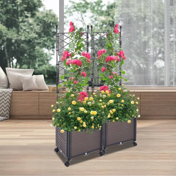 Wellco 47 in. Premium Plastic Raised Garden Bed Planter Box with Trellis Planter Box for Climbing Plants Vegetables (2 Pack)