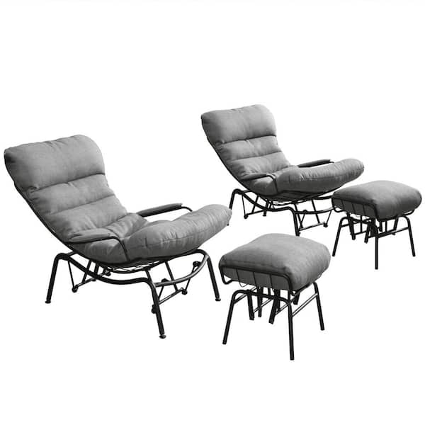HOOOWOOO Mono Metal Patio Lounge Outdoor Rocking Chair with an Ottoman and Dark Grey Cushions (2-Pack)