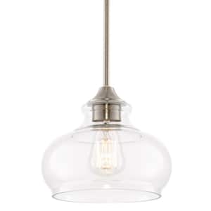Harlow 9 in. 60-Watt 1-Light Brushed Nickel Modern Schoolhouse Pendant Light with Clear Glass Shade