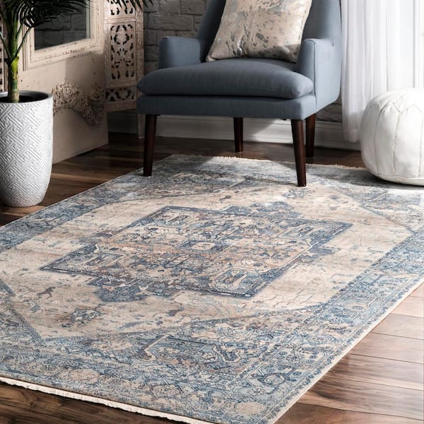 Ethel Medallion Fringe Light Blue Doormat 3 ft. x 5 ft. Area Rug