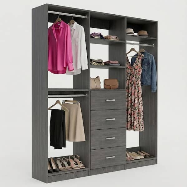 Alto Collection 105 in. W Grey Wall Mounted Double Hang, 4-Drawer and Tall Hang Wood Closet System