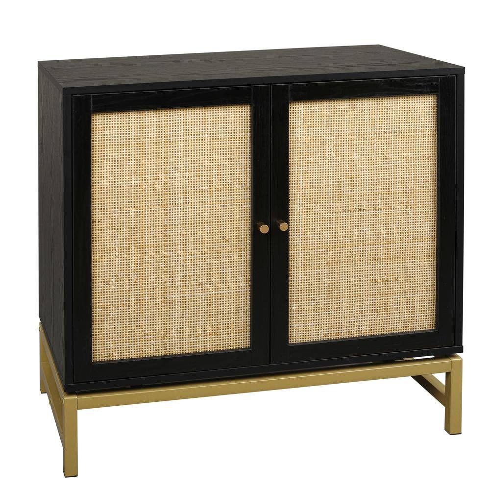 Black Natural Rattan 2-Door Cabinet with Adjustable Inner Shelves ...