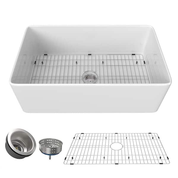 grossag 36 in. Farmhouse/Apron-Front Single Bowl White Fireclay Kitchen with Bottom Grids and Strainer Basket