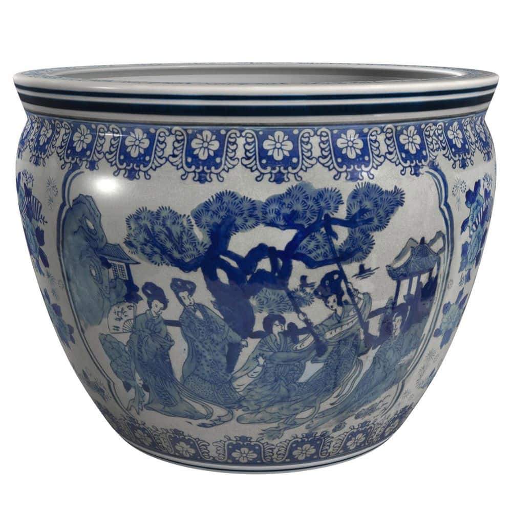 Oriental Furniture 18 in. Ladies Blue and White Porcelain Fishbowl