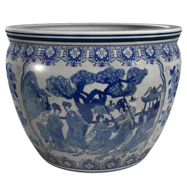 Unbranded Oriental Furniture 18 in. Ladies Blue and White Porcelain Fishbowl