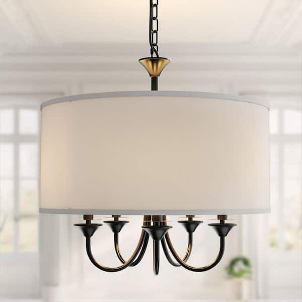 20 in. 5-Light Black Candle Style Empire Chandelier with Fabric Shades for Home Lighting
