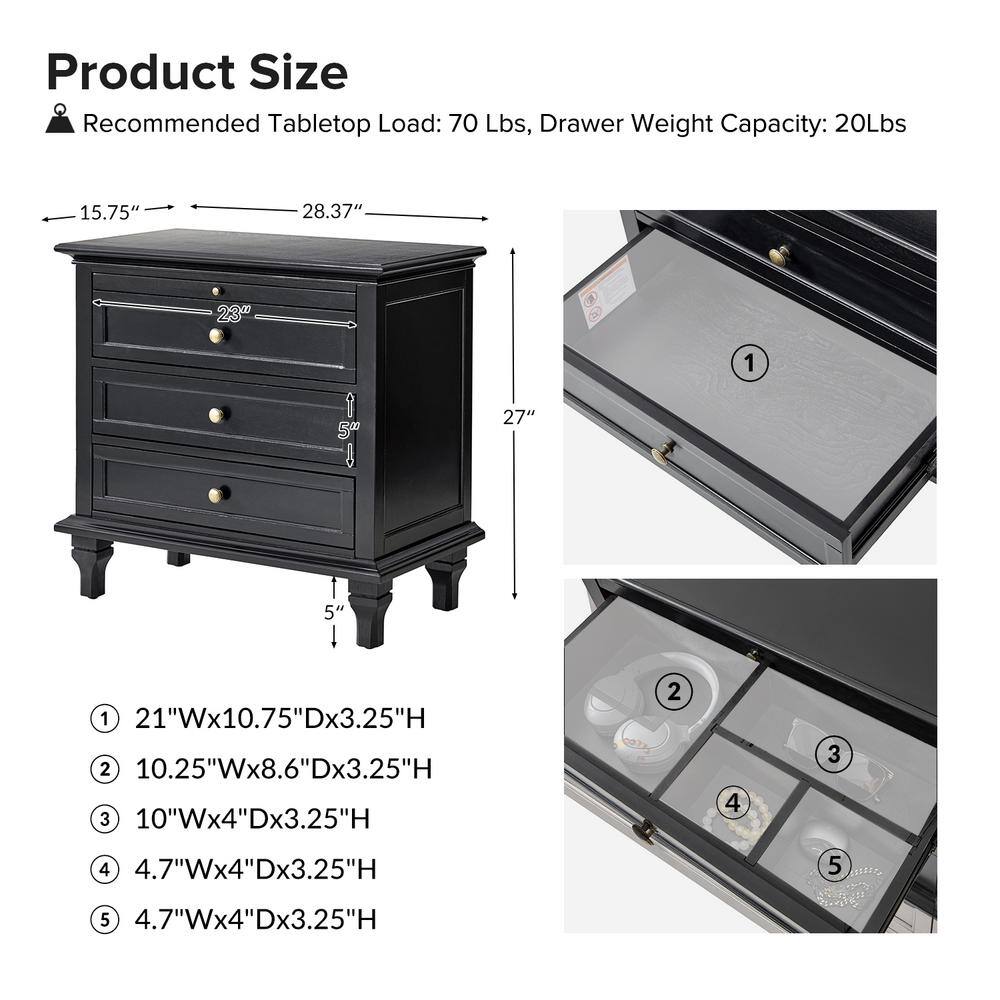 Julia Acorn 27 in. H Traditional 3-Drawer Solid Wood Legs Nightstand with Charging Station - thumbnail 7