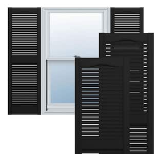 12 in. x 29 in. Lifetime Vinyl Custom Cathedral Top Center Mullion Open Louvered Shutters Pair Black